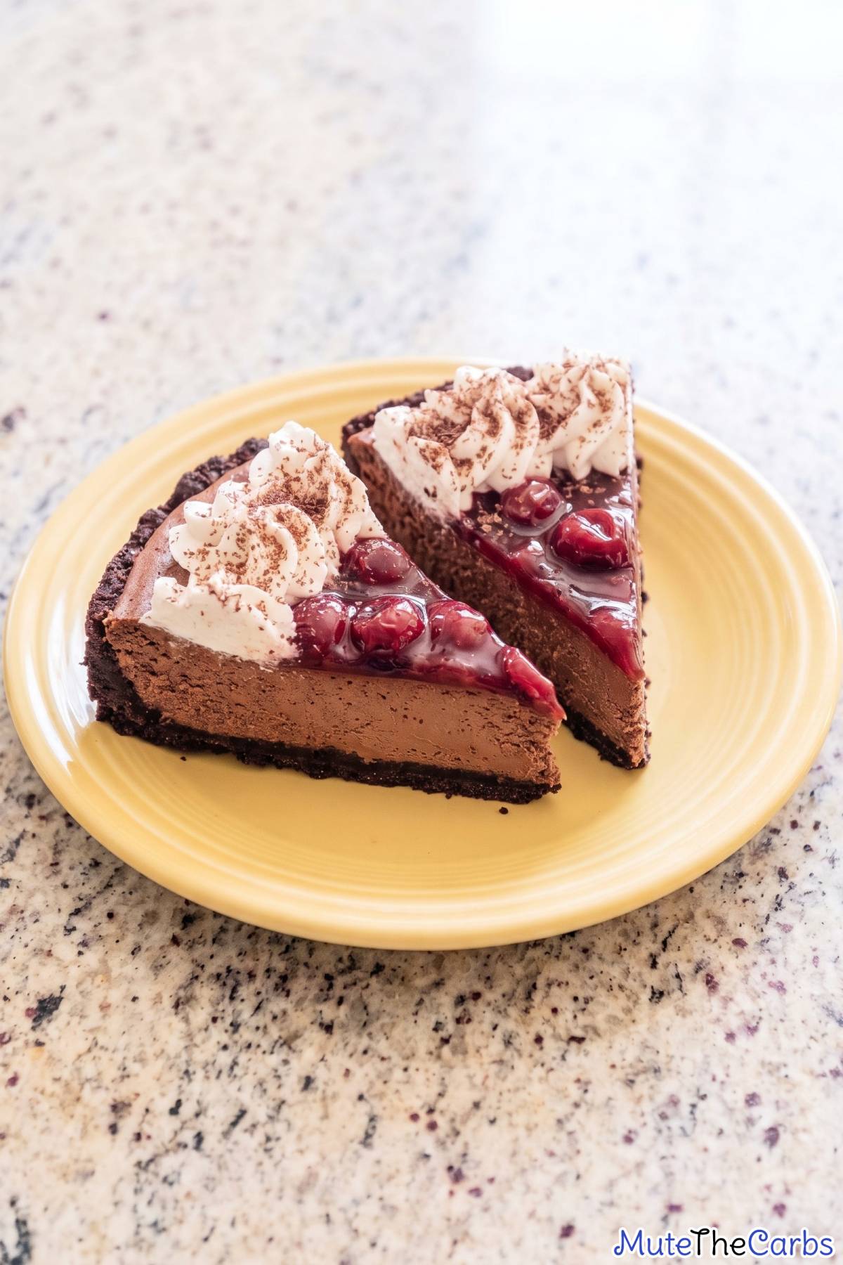 Slice of keto black forest cheesecake