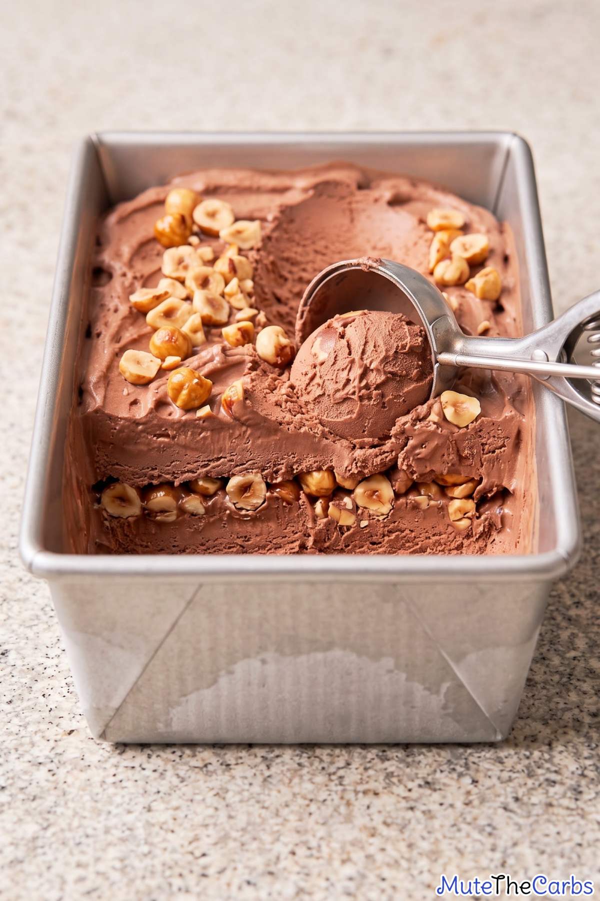 Scoop of keto chocolate hazelnut ice cream