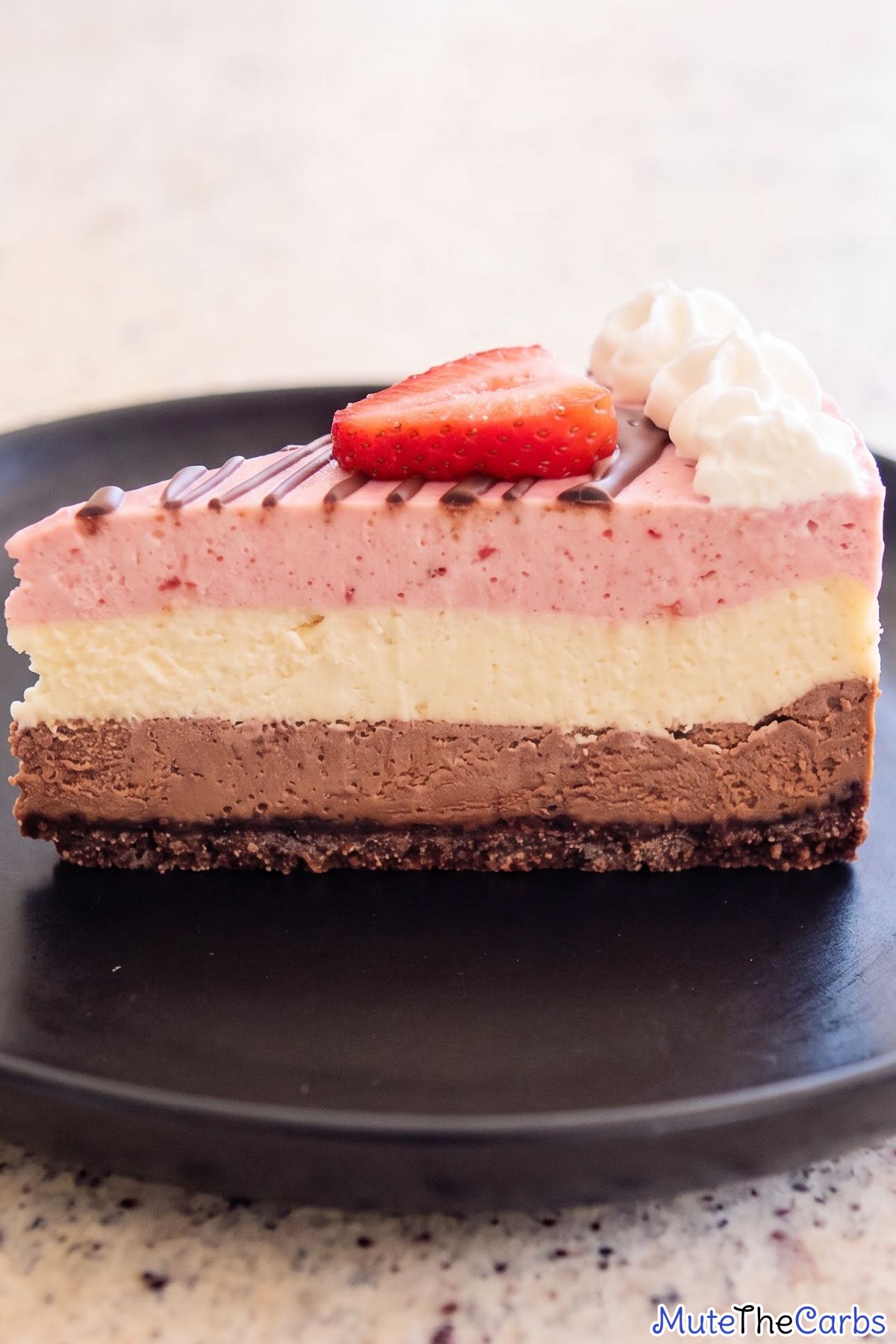 Creamy keto Neapolitan cheesecake slice