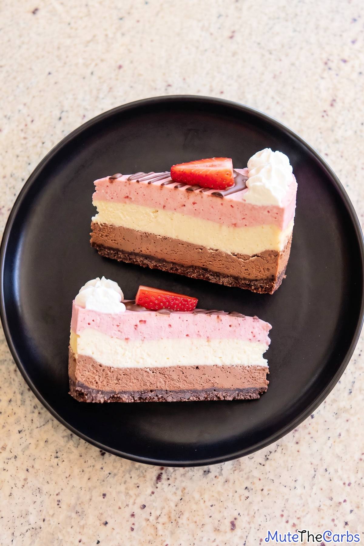Low carb Neapolitan cheesecake slice