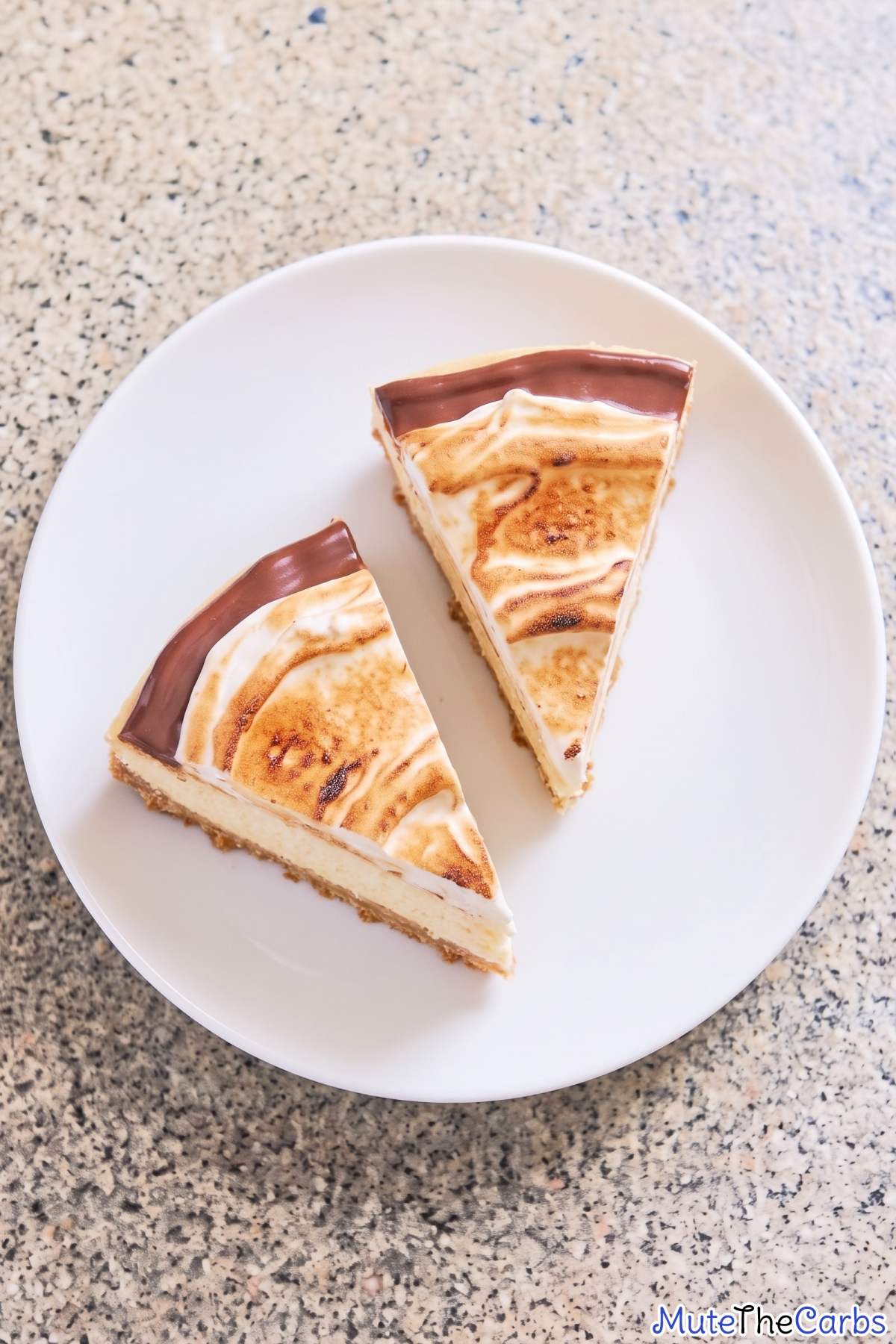 Slice of creamy keto s'mores cheesecake