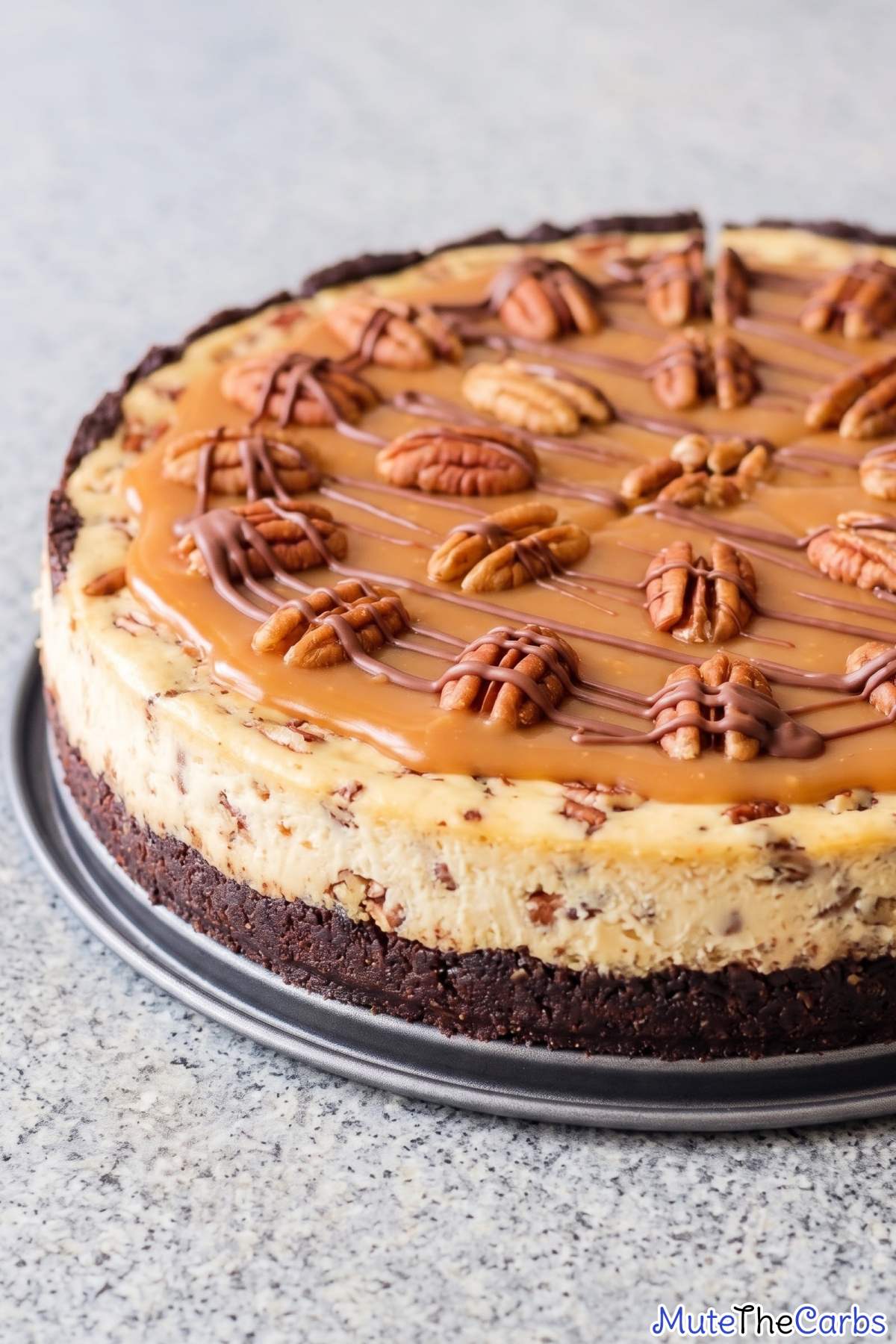 Keto turtle cheesecake with pecan topping