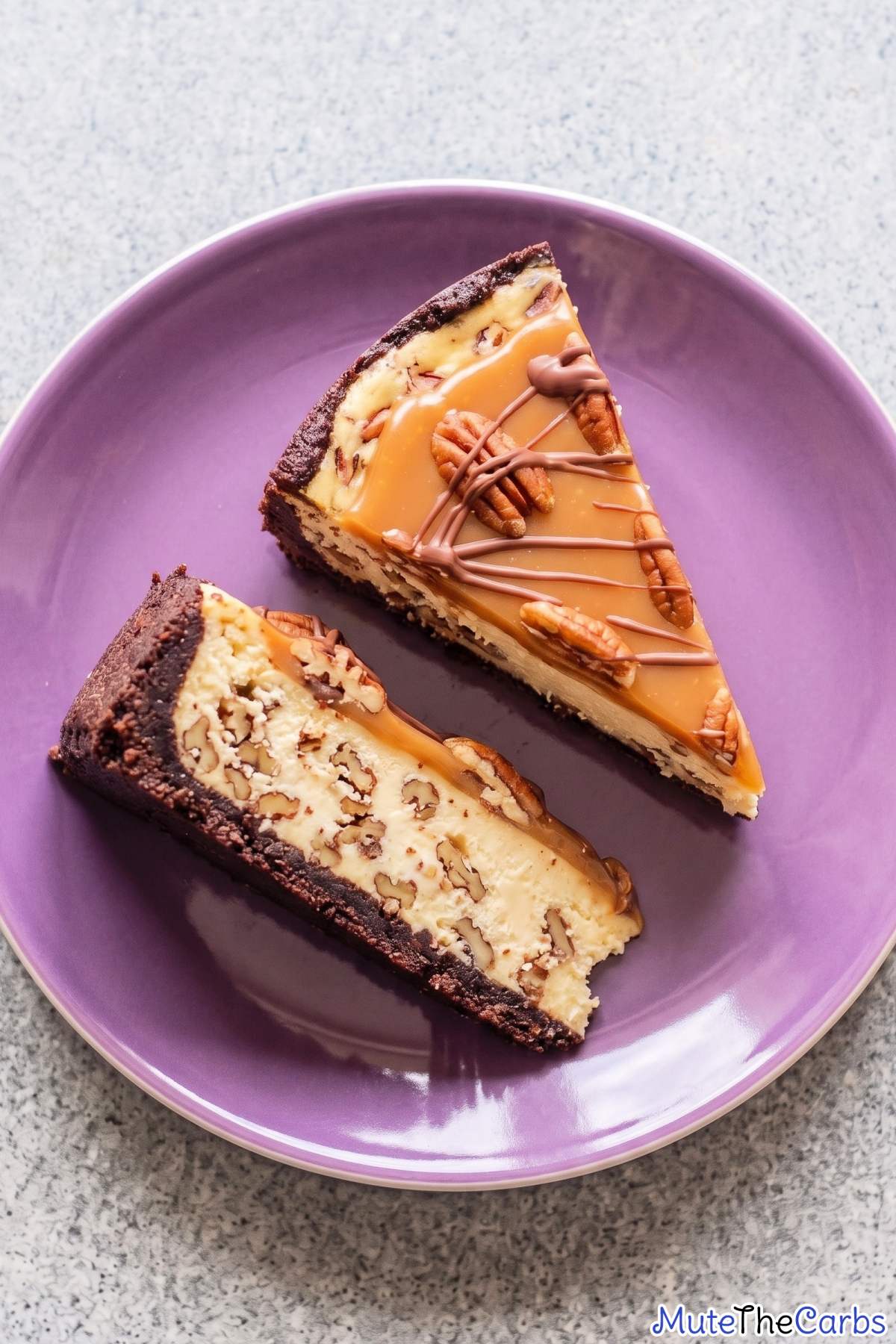Nutty low carb turtle cheesecake slice