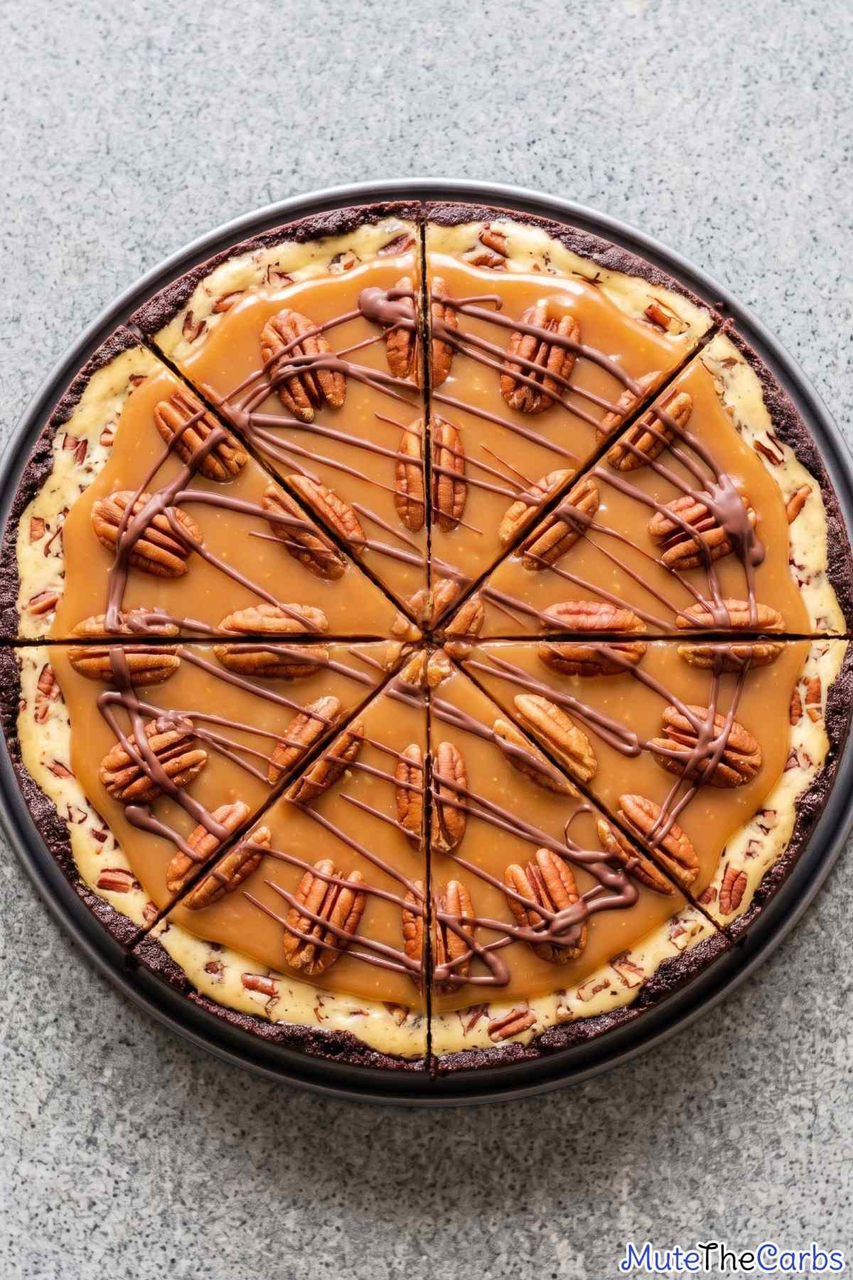 Keto turtle cheesecake topped with caramel